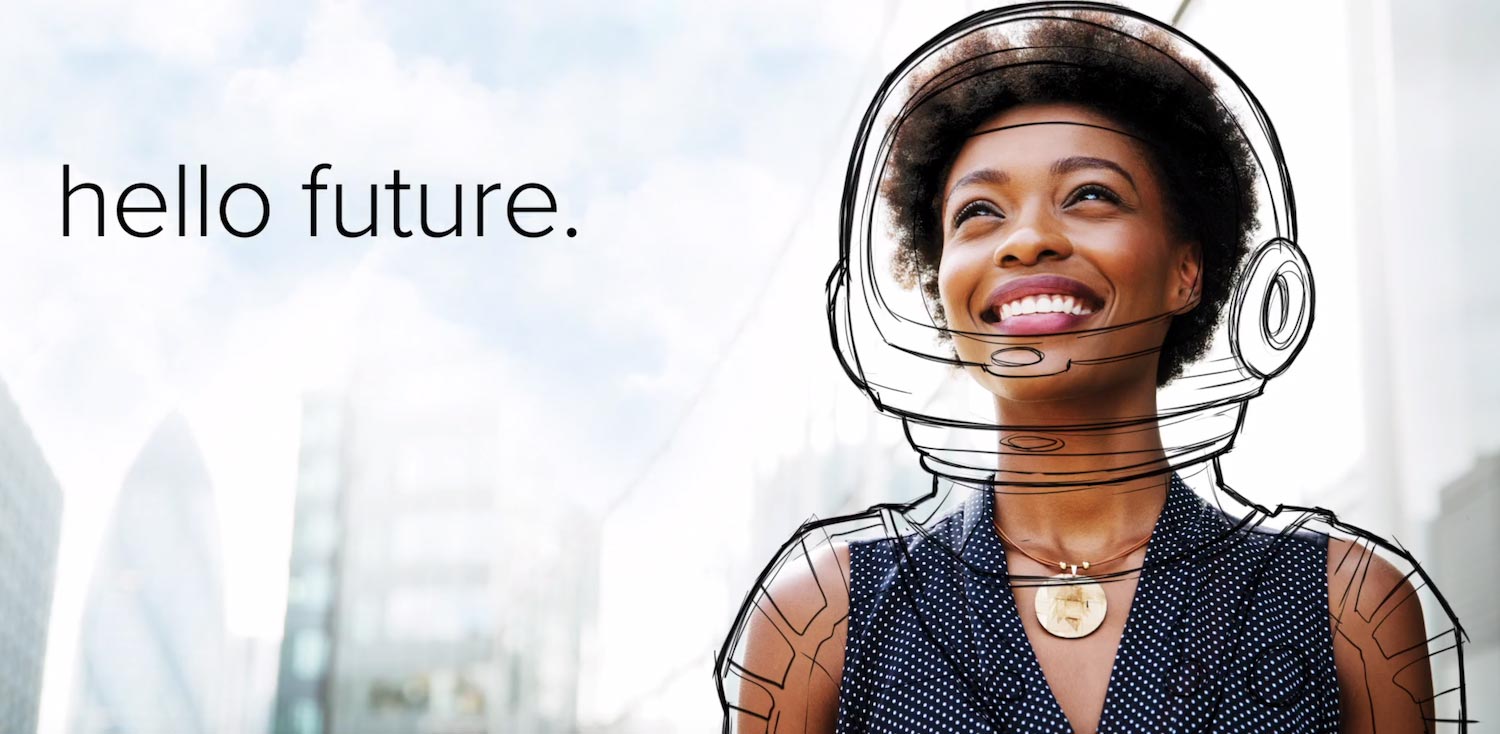 Woman with astronaut helmet sketched and words "hello future" for expert marketing writer portfolio item